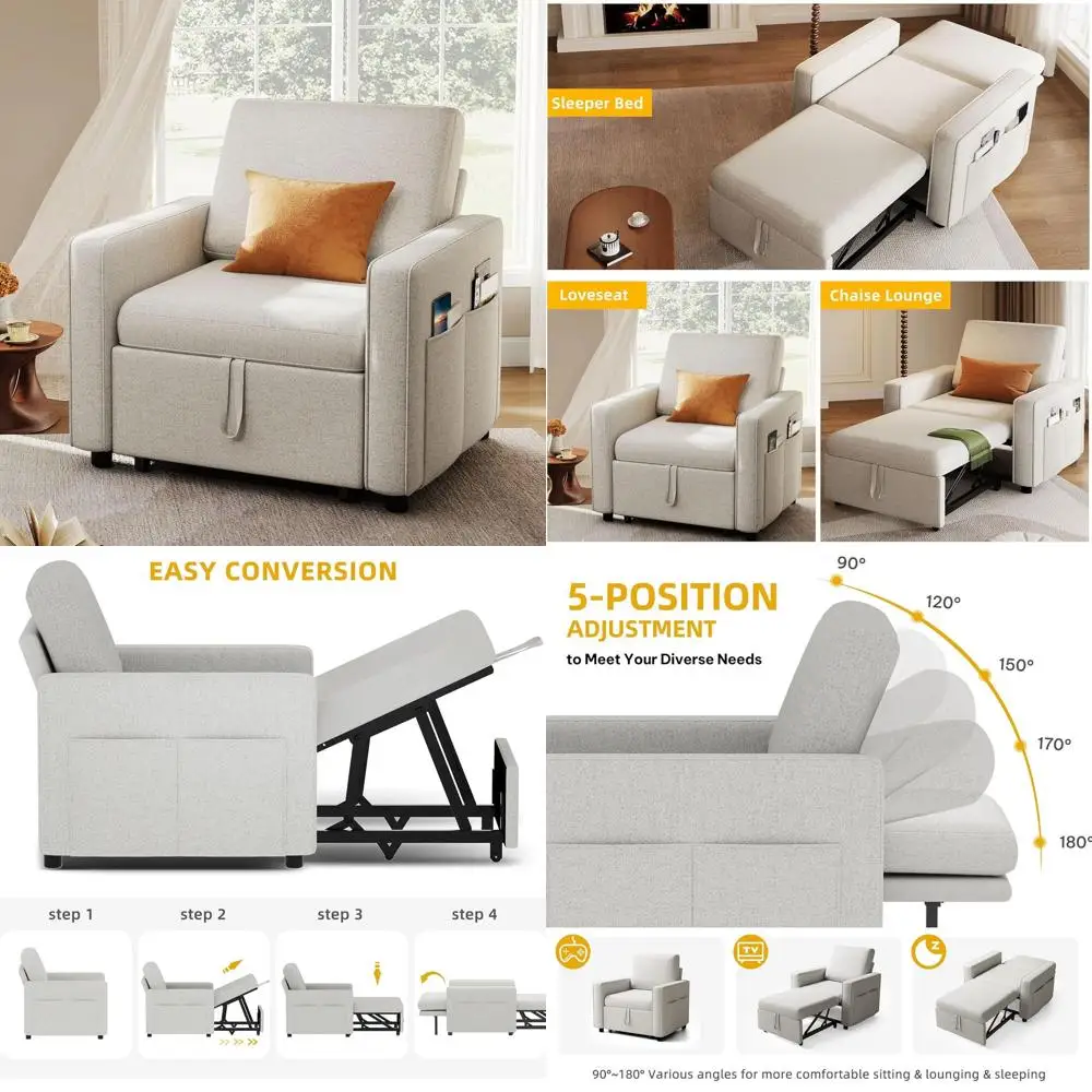 3-in-1 Convertible Sleeper Chair, Reclining Sofa Bed, 75 Single Couch with Pull-Out Bed, Linen Fabric, Beige