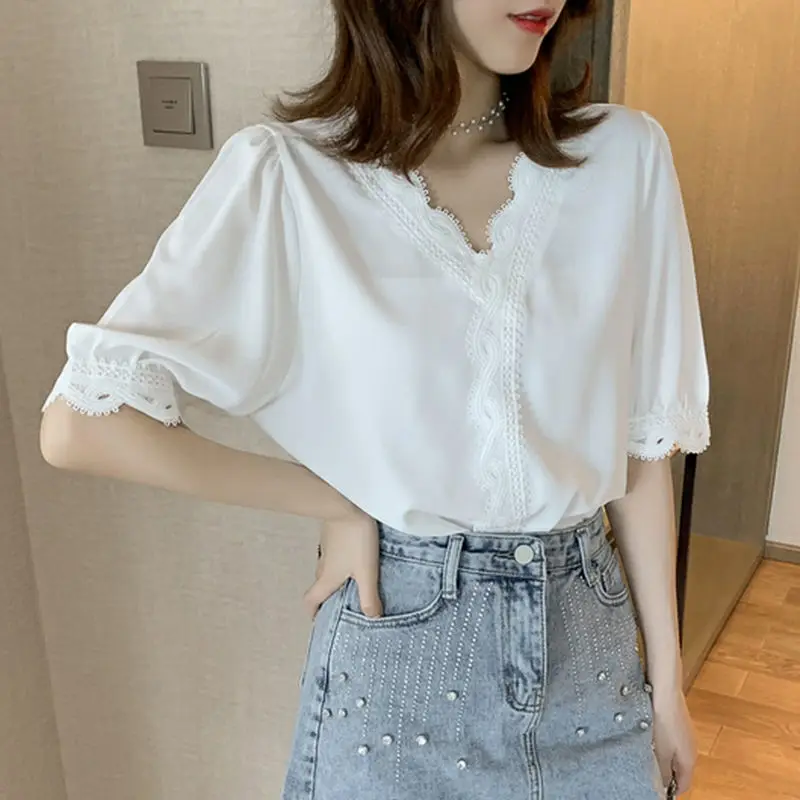 Shirt Top 3/4 Sleeves Loose Korean Summer T-shirt Lace Panel Chiffon Shirt