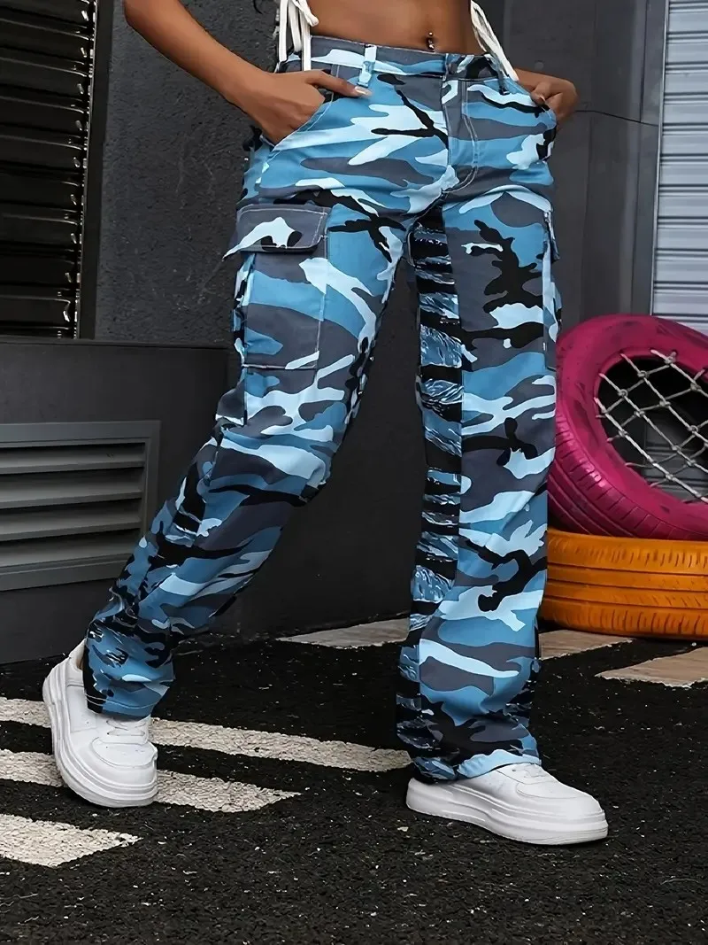 Bolsos laterais não elásticos femininos, lavagem multicolorida, camuflagem azul marinho, esportes e jeans de trabalho retos casuais