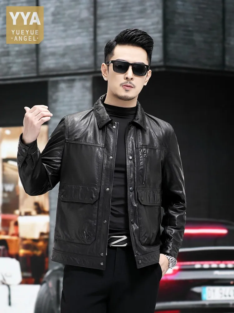 

Autumn Men Luxury Oil Wax Cowhide Business Work Coat Slim Fit Lapel Collar Genuine Leather Jacket Motorcycle Biker Outerwear 5XL