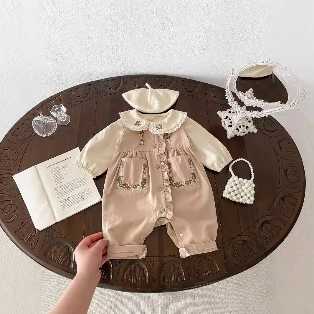 Spring Autumn 2024 Baby Girls 2PCS Clothes Set Cotton Lace Embroidery Shirts Pocket Sleeveless Jumpsuit Suit Toddler Girl Outfit