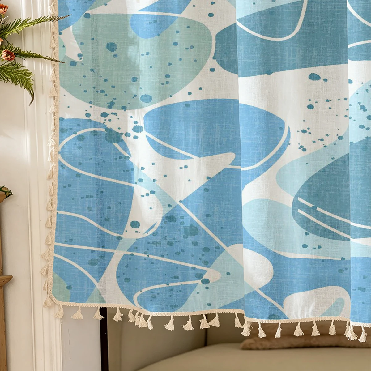 1PC Abstract Tassel Sheer Curtains, Blue Green Fluid Art Splash, Digital Print, Polyester, Bedroom Living Room Decor Rod Pocket