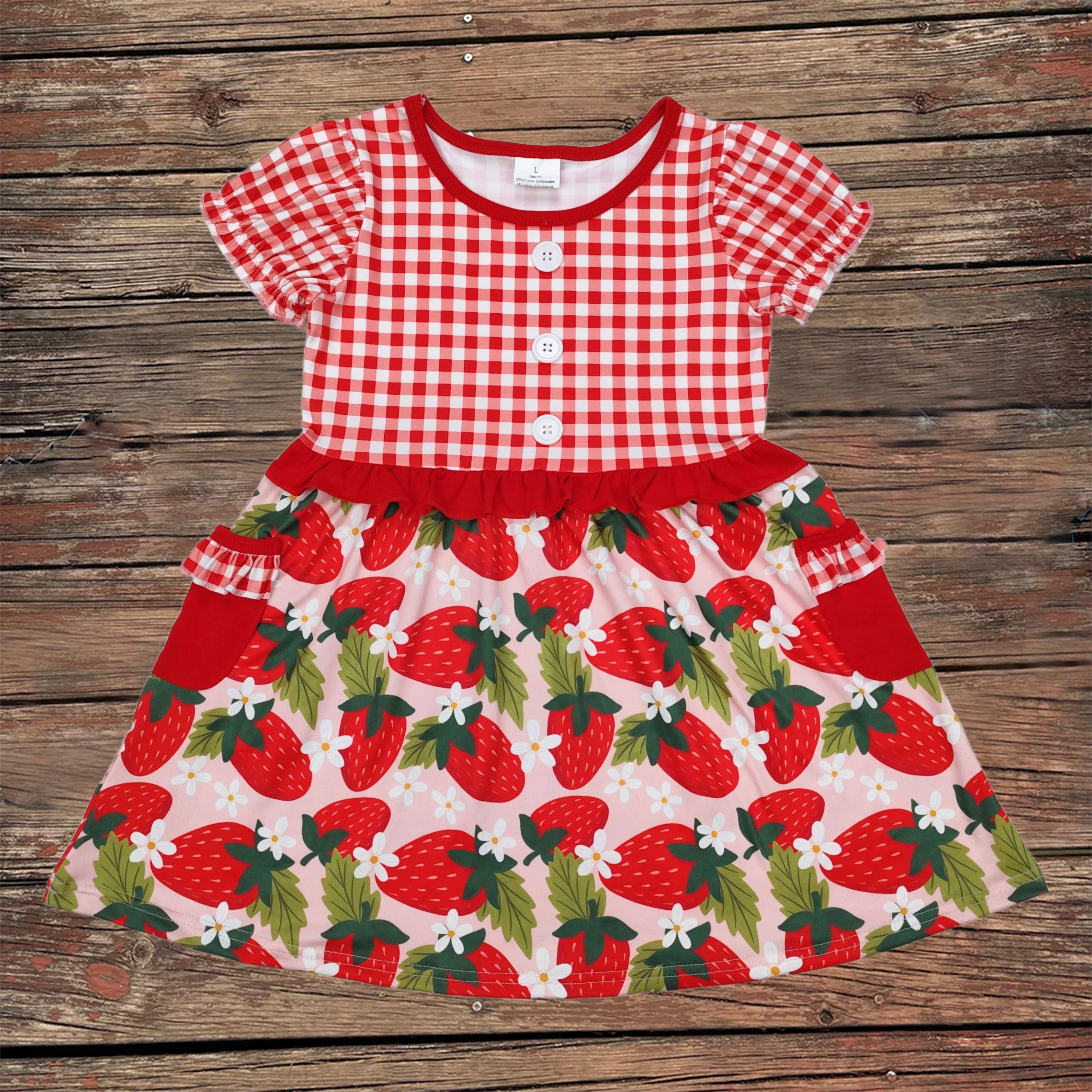 

Wholesale Toddler Ruffle Short Sleeves Strawberry Flower Baby Girl Red Checkered Pockets Knee Length Dress Kids Children Clothes