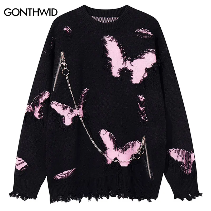 

Vintage Sweater Y2K Grunge Knitted Ripped Hole Butterfly Zipper Chain Oversized Jumper Streetwear Hip Hop Punk Gothic Pullover