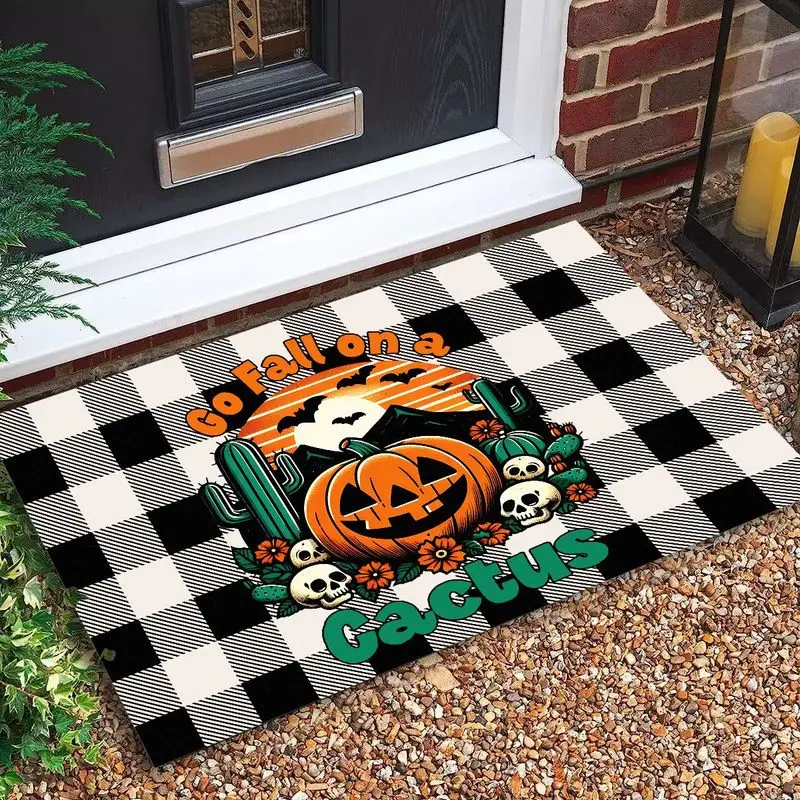 VIKAMA Black and White Buffalo Grid Autumn Pumpkin Skeleton Bat Mat, Non-Slip Entrance Rug for Foyer & Bathroom, Seasonal Decor