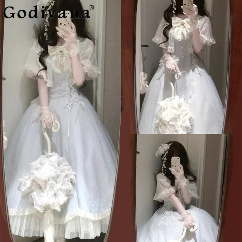 Elegante doorzichtige Lolita taille cinching jurk voor meisjes zomer ballet stijl zoete lange jurk dames prinses boog kanten jurk