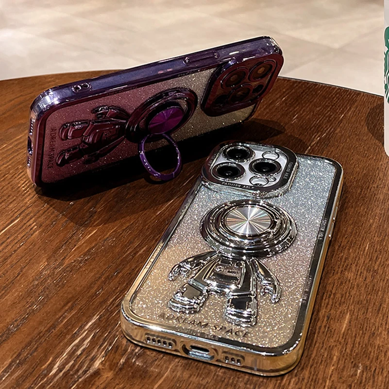 For iPhone 15 Pro Max Magnetic Ring Holder Case Luxury Glitter Plating Astronaut Cover for iPhone 14 13 12 11 Pro Max X Xs Xr