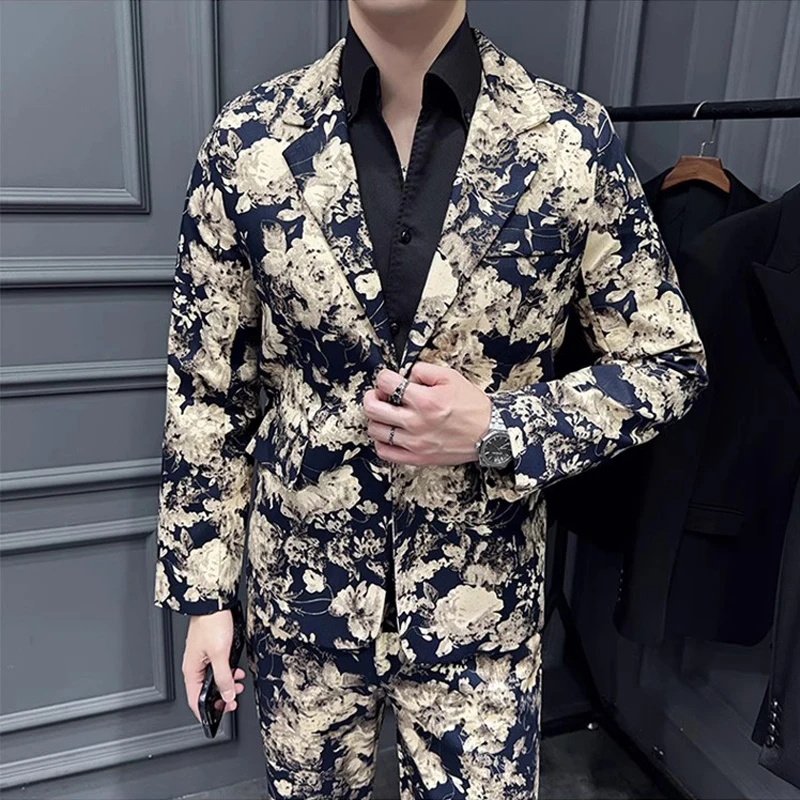 High End Elegant Floral Men\'s 2 Pieces Suits Sets （ Blazer + Pants ） Flower Printed Groom Wedding Costume Trajes Para Hombre 5XL