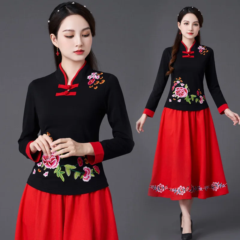 Ethnic style women's embroidery disc buckle stand collar top women's new Chinese style embroidery long sleeve large size base