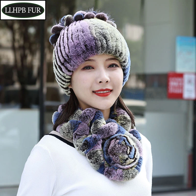 

2024 New Women Winter Real Rex Rabbit Fur Hat Scarf Natural Soft Rex Rabbit Fur Cap Scarves Sets For Lady Outdoor Keep Warm