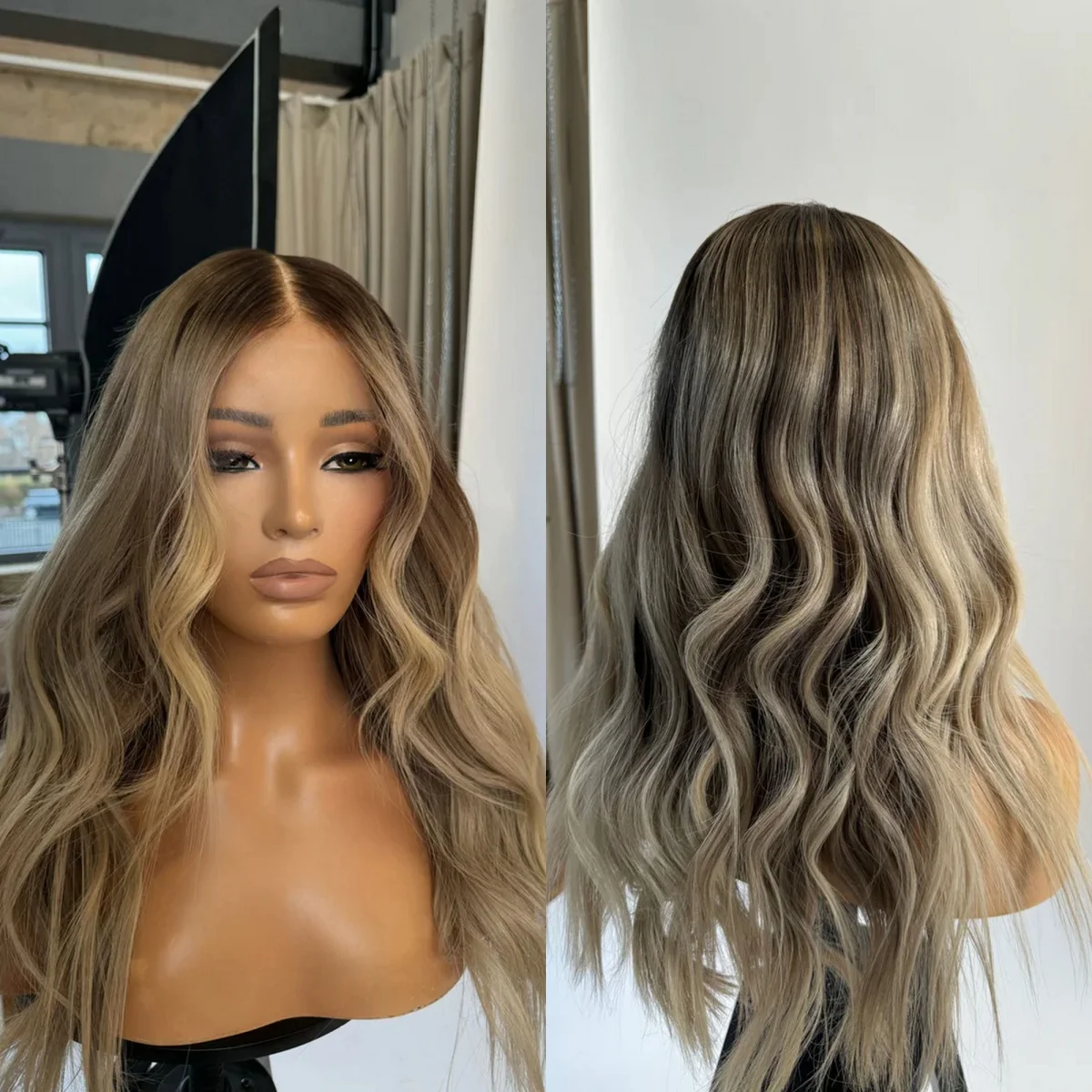 Top Sale Ombre Caramel Brown with Blonde Highlights 20 Inches Loose Wave Ladies Wig High Quality Glueless Wigs Synthetic Hair