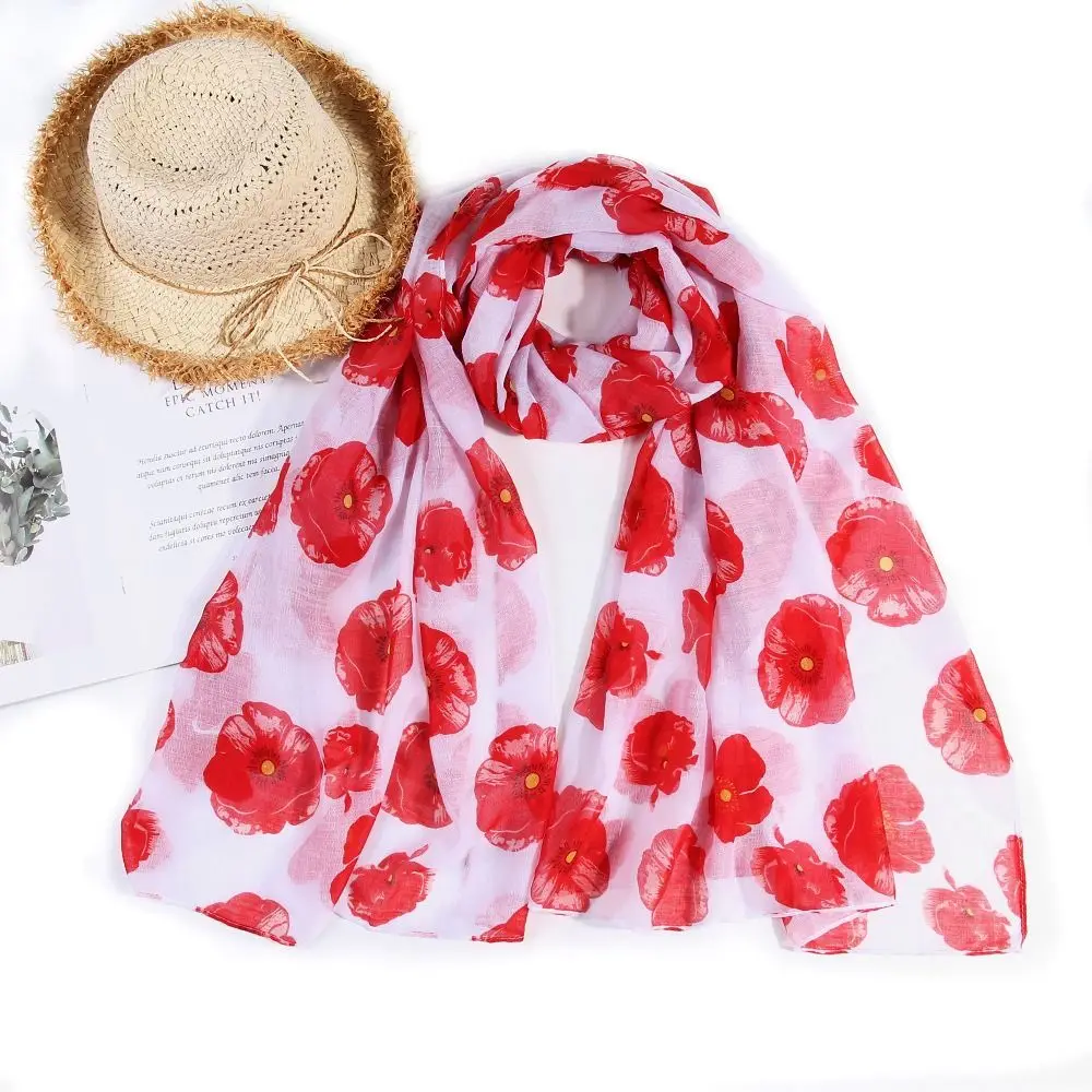 Soft Colorful Poppy Print Scarf Cotton Voile 180*90cm Poppy Floral Shawl Smooth Breathable Poppies Floral Wrap for Women Ladies