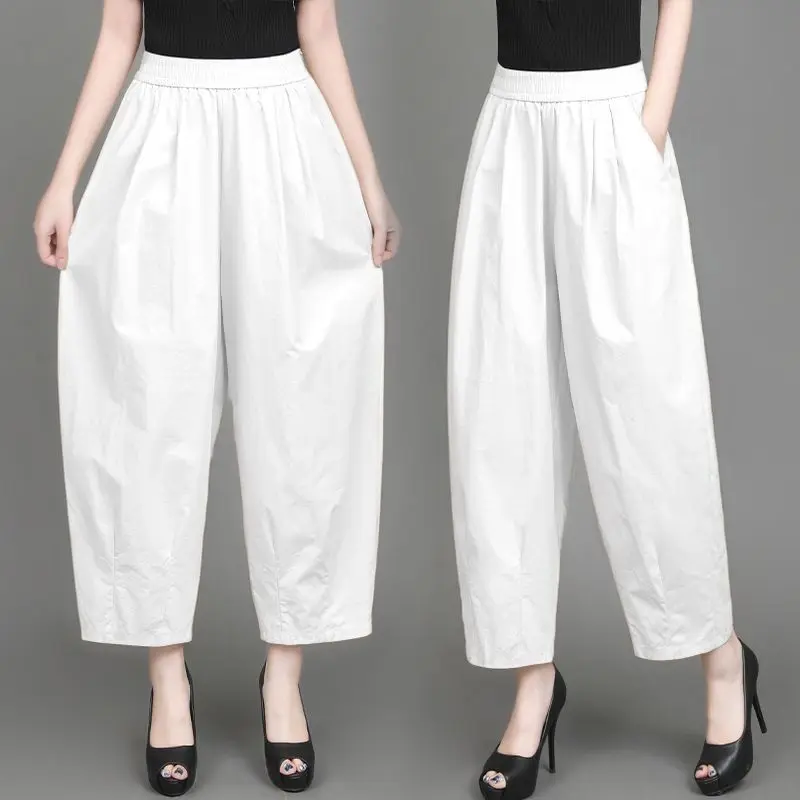 Women's Casual Cotton Pants High Waist Loose Fit Thin Nine Points Slimming Meat Covering Lantern Pants Commute Style Harlan P...