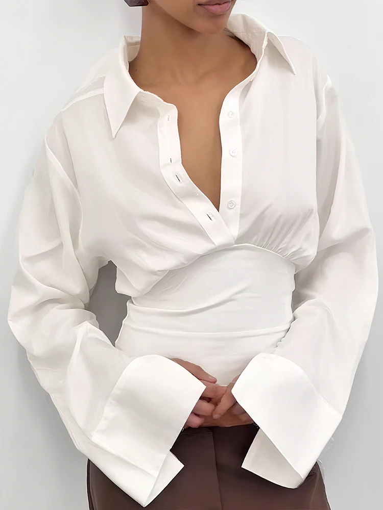 بلوزة نسائية من Sisterlinda ذات طية صدر السترة واحدة الصدر وأكمام طويلة على طراز المكتب كلاسيكي غير رسمي بسيط نحيل للخريف ملابس علوية أنيقة #1