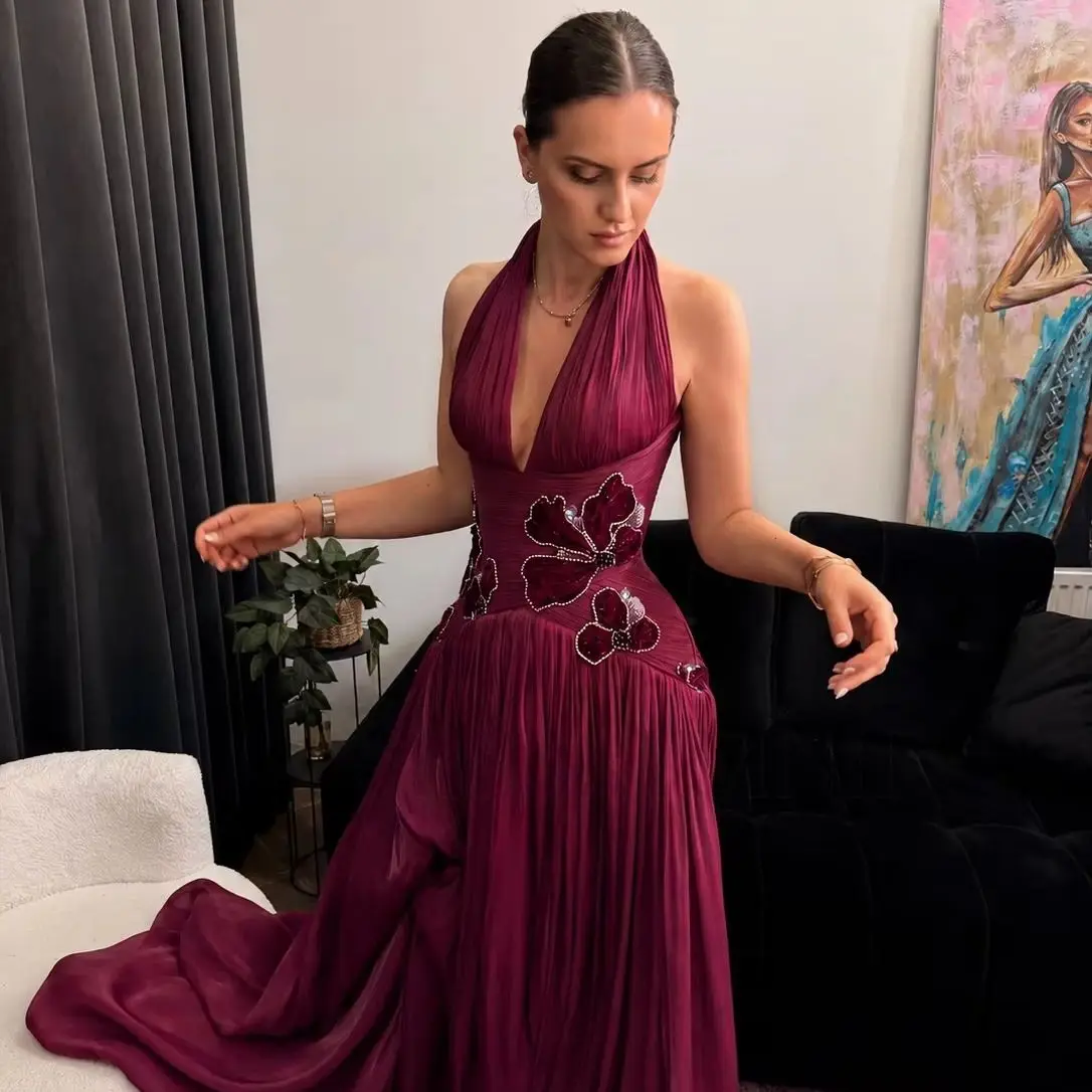 

SESSRYMNIR Women'S Formal Evening Gowns Customize Halter A-Line Women'S Ruffle Wedding Party Attire Lace Sleeveless Beadings