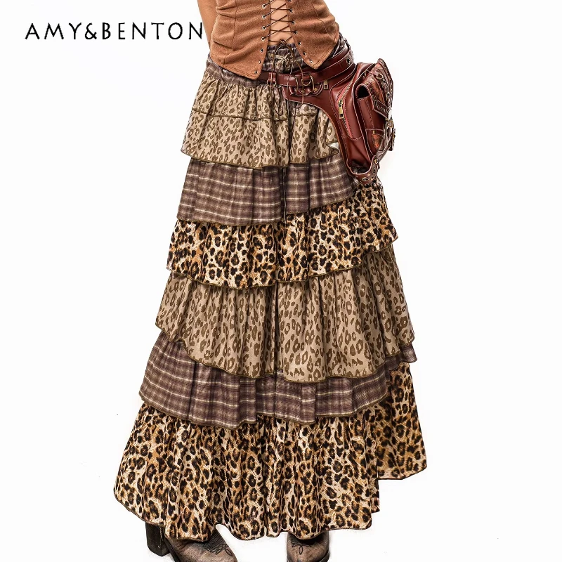 

Retro Design Plaid Leopard Print Splicing Women's Skirt 2026 Spring Autumn New Sweet Cool Irregular A-line Layered Skirts Ladies