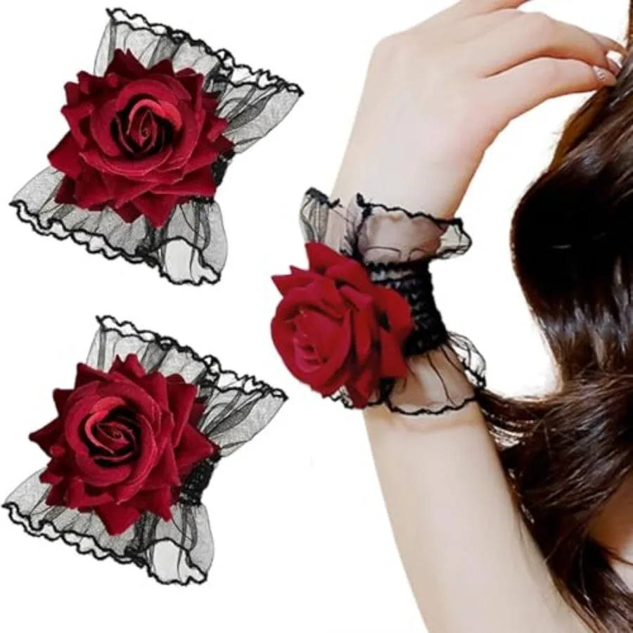 

LUNROUG Gothic Rose Lace Gloves Lolita Hand Sleeve Black Lace Elastic Bracelet Wine Red Flower Wrist Cuff Dress Accessories for