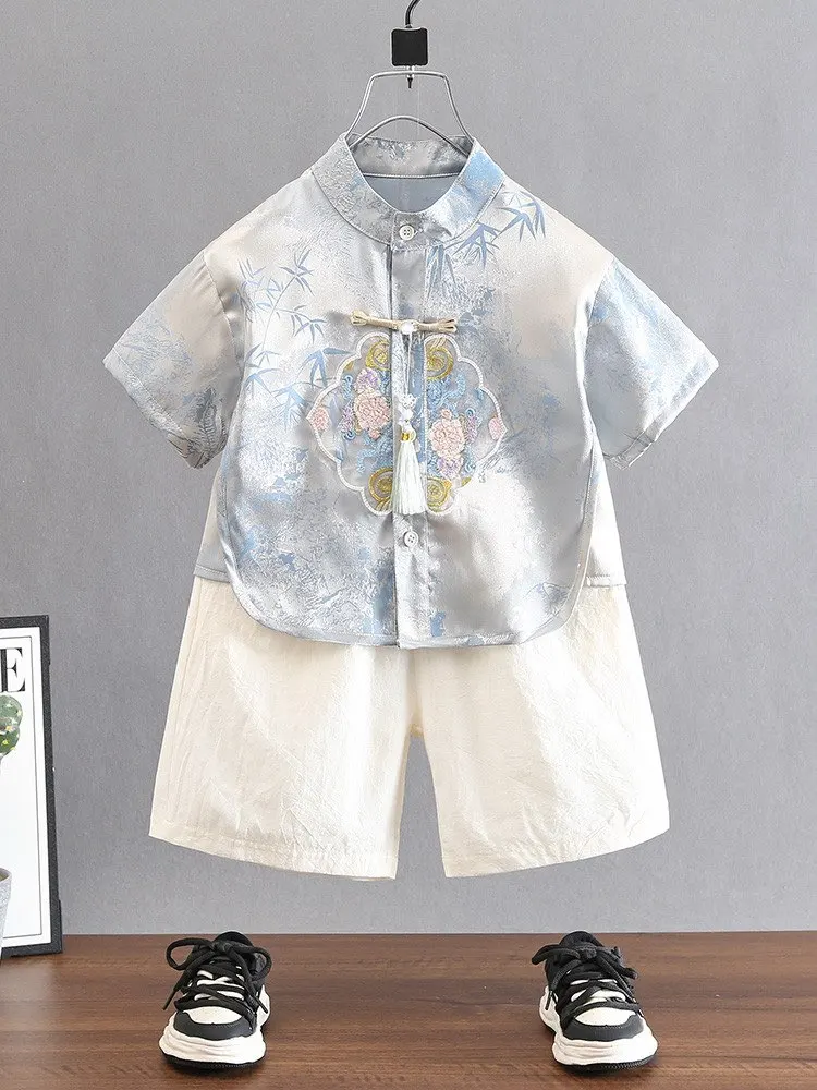 Boys Chinese Traditional Clothing Summer Hanfu Set Embroidered Short Sleeve Shirt and Shorts 2 Piece Suit Kids Tang Suit