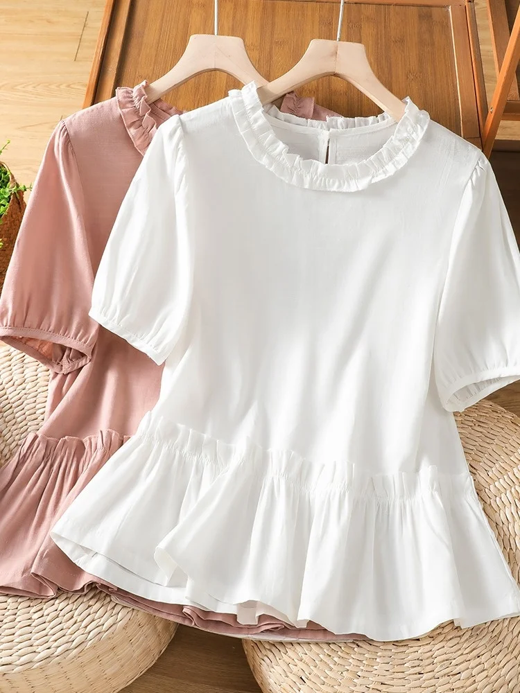 

Cotton Linen Short Sleeve Doll Shirt Women's Summer Large Size Meat Concealment Commuting Super Beautiful Overhead Shirt