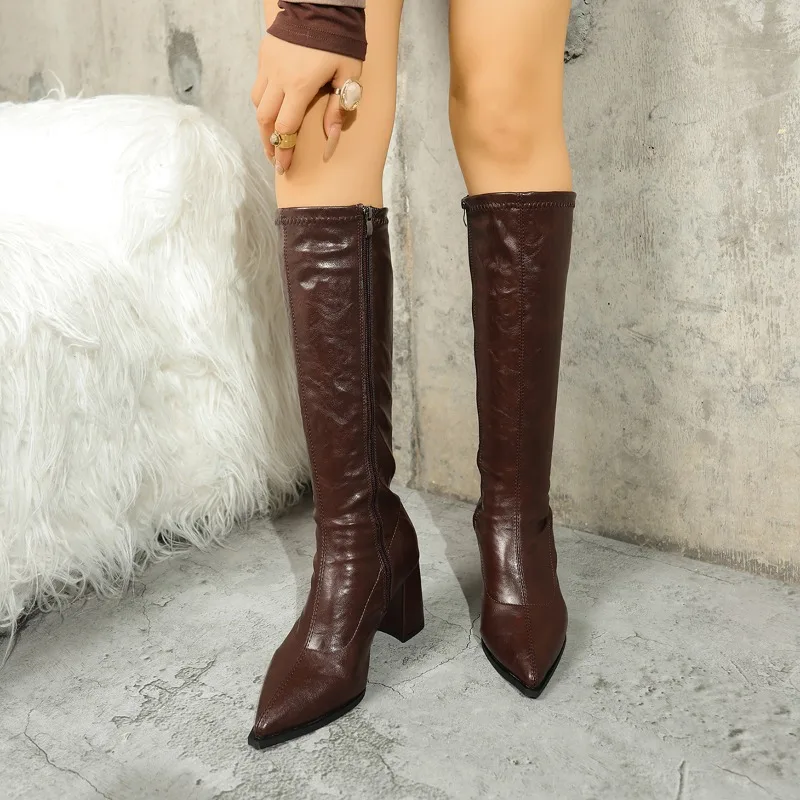 

Ladies Boots Fashion Solid Color Patent Leather Pointy Foot Fighter Gothic High Heels Luxury Women's Winter Boots 2025 New