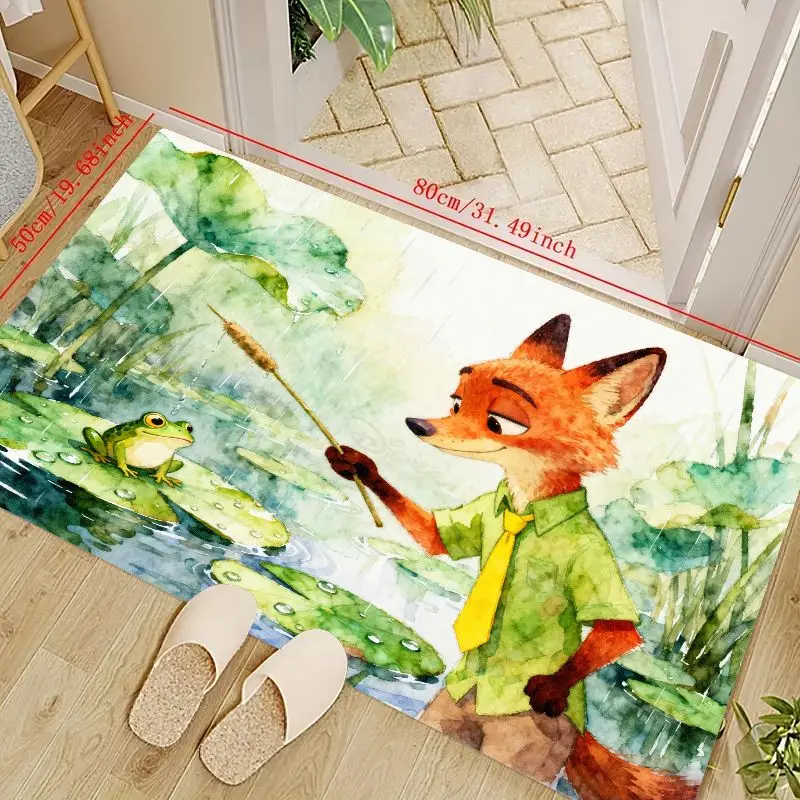 

1PC Cute Zootopia Style Watercolor Fox & Frog Floor Mat, Cartoon Animal Pond Scene Non-Slip Absorbent Doormat, Soft Decorative A