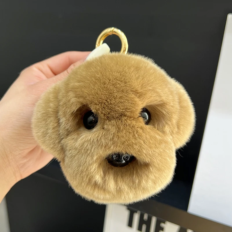 Plush Cute White Dog Head Real Rex Rabbit Fur Keychain Women HandBag Pendant Puppy Toy Car Key Trinkets Jewelry Metal Ring Gift