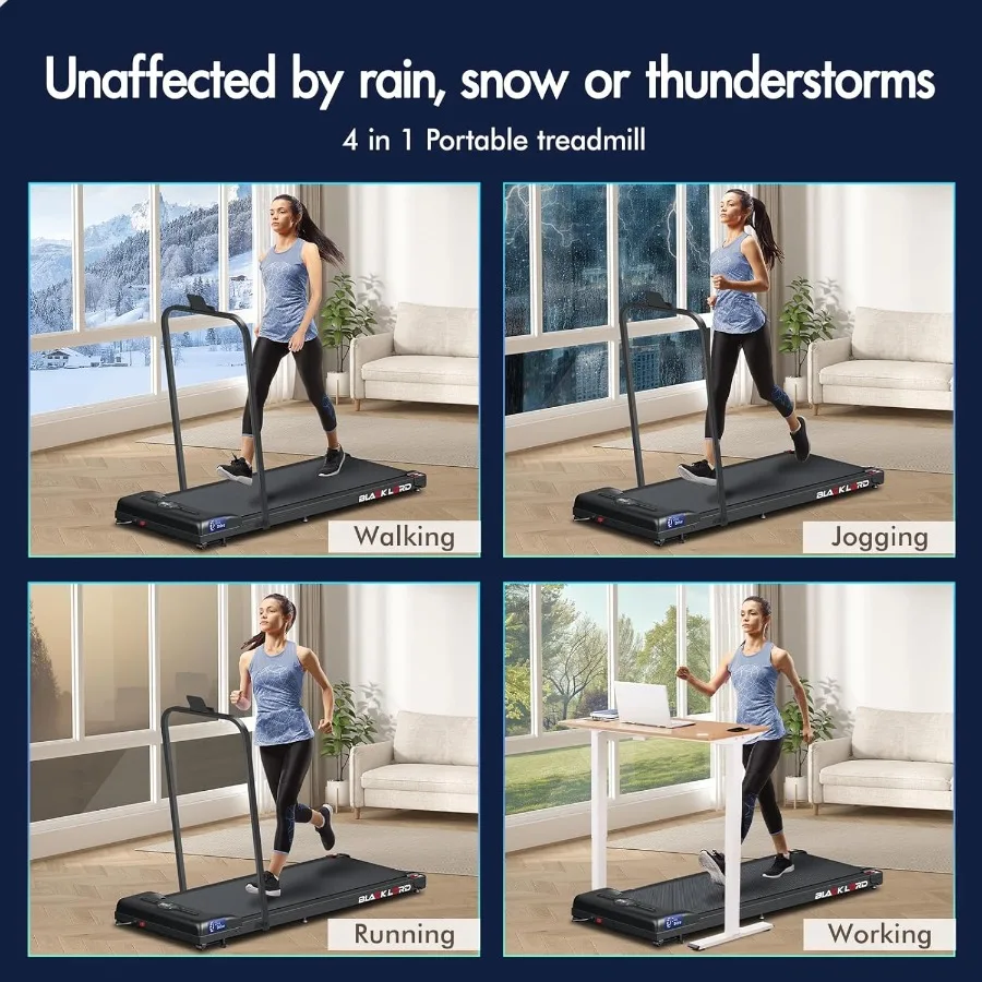 وسادة مشي 4 في 1 مع شريط مقود، جهاز مشي هادئ قابل للطي تحت المكتب بسعة 2.7 حصان مع مكبر صوت بلوتوث، مداس جري صغير محمول
