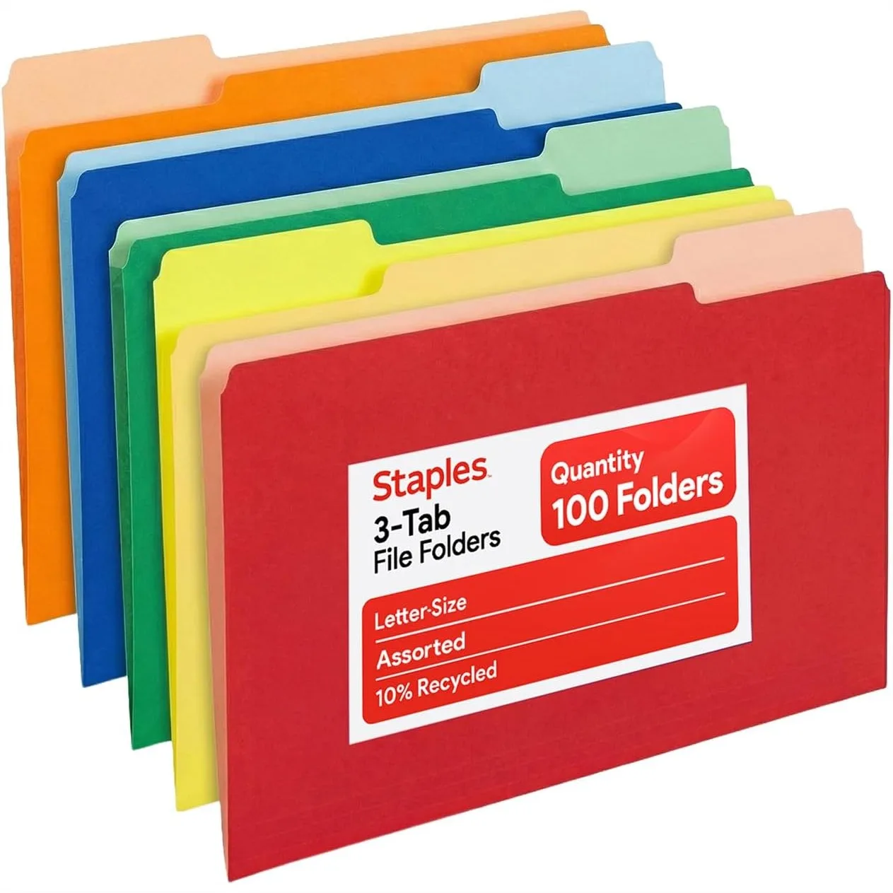 

Colored File Folders Letter Size with 3-Tab Top-Tab Design, 100-Pack for Office and Classroom Organization