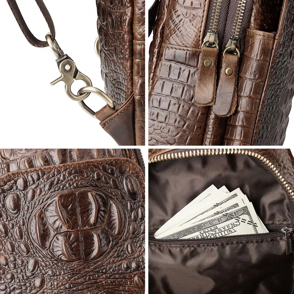 HUMERPAUL Crocodile Pattern Chest Bag Men First Layer Leather Classic  Crossbody Bag Retro Mobile Phone Bag for Outdoor