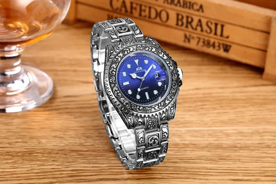 Intagliato antico Vintage luminoso oro rosa giallo oro argento 2 toni rosso verde blu gradiente moda classico orologio da uomo al quarzo