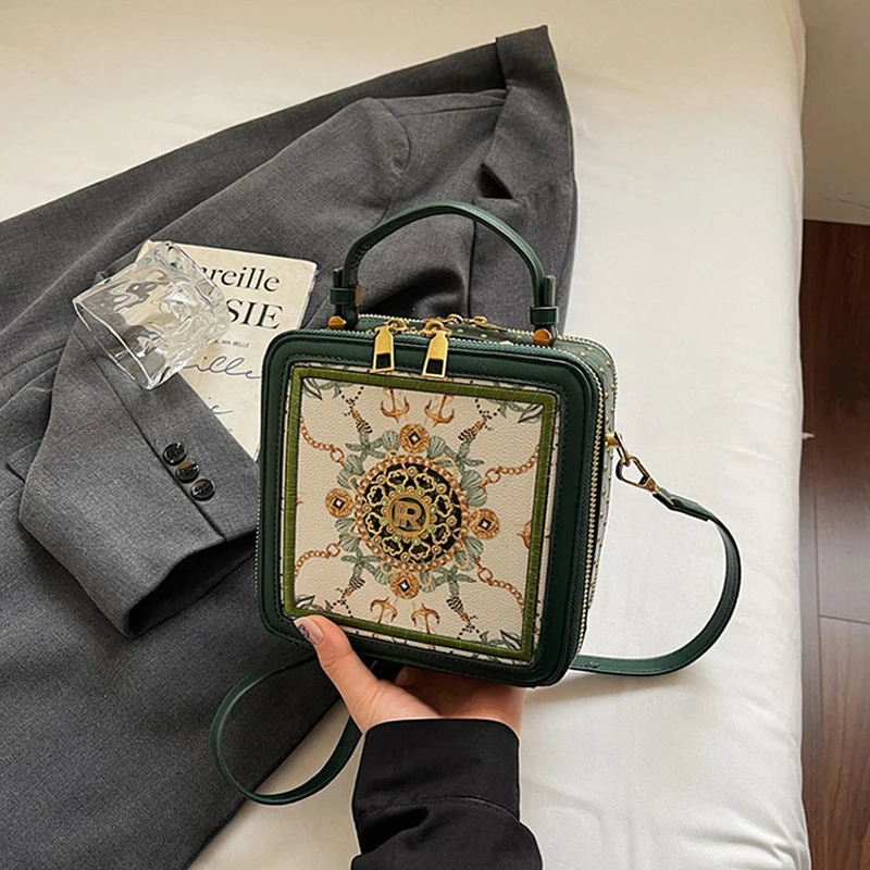 Exquisite bedruckte Umhängetasche, quadratische Damen-Box-Handtasche, Colorblock-Sling-Bag, Messenger-Tasche für den Arbeitsweg und zur Aufbewahrung von Kosmetika – Detail 4