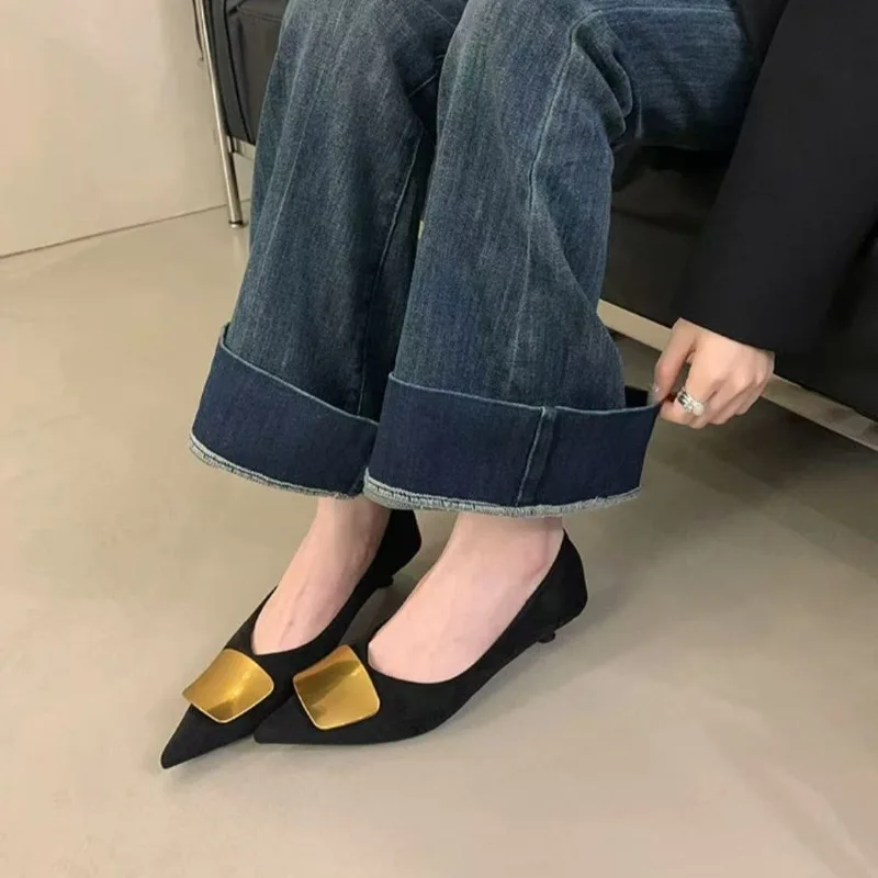 

2026 New Women's Shoes Exquisite Metal Decoration High Heels for Woman Elegant French Casual Shoes Designer Shoes Zapatos Mujer