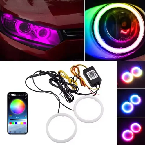 Luces LED de algodón con ojos de Ángel, 2 uds., 12V-24V, con luces de señal de giro, RGB, DRL, anillos de Halo, aplicación Bluetooth para faro de coche y Scooter
