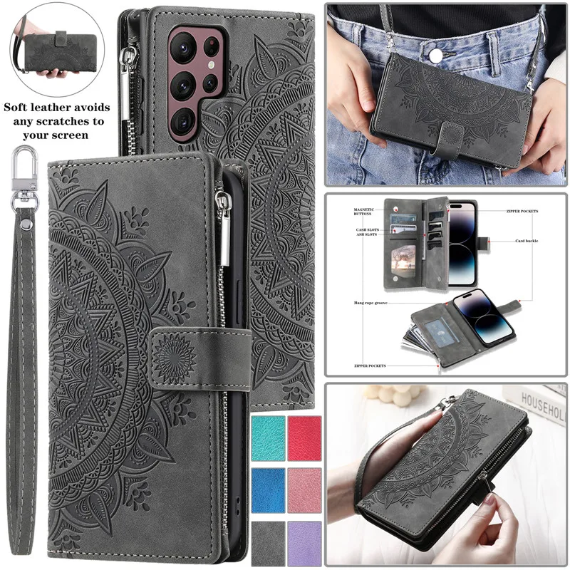 

Leather Wallet Card Phone Case for Samsung Galaxy S23 Ultra S22 Plus S21 S20 FE S10 S10E S9 S8 Note 20 Zipper Flip Holder Cover