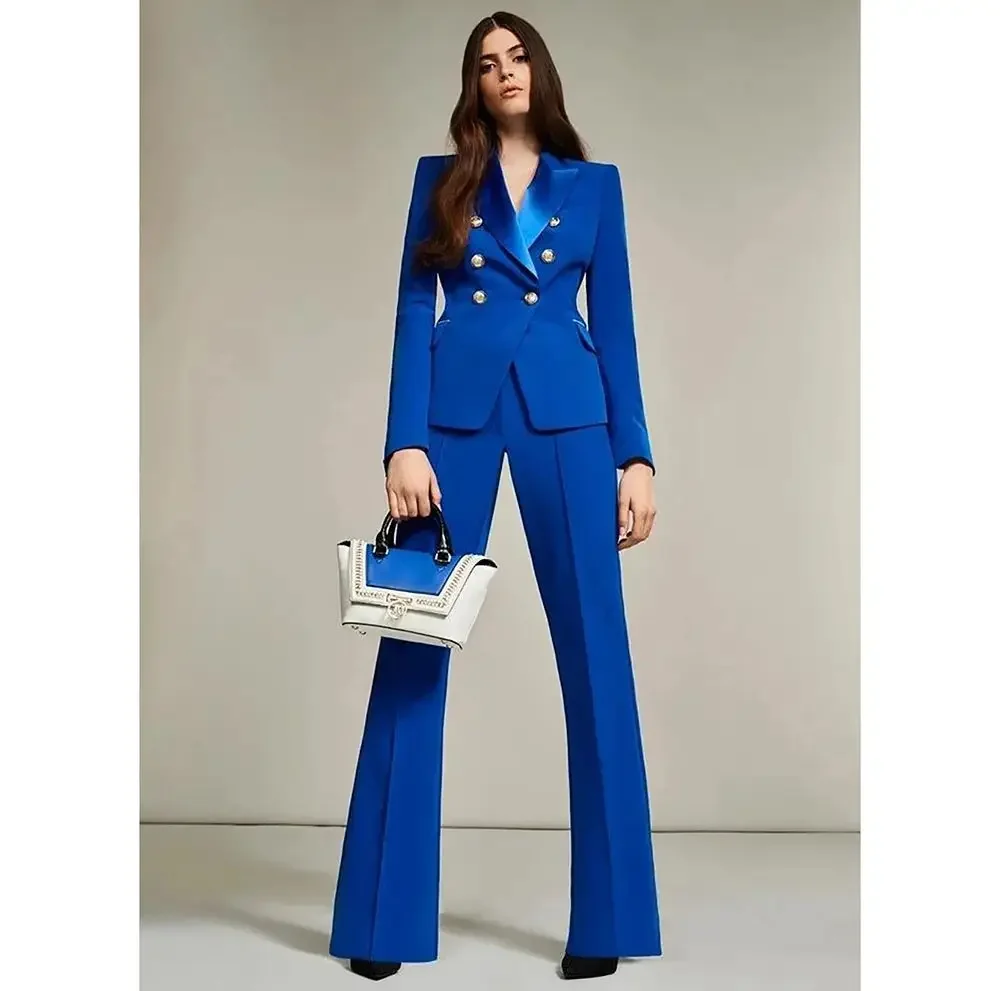 Royal Blue Women Suit Flared Pants Design Double-Breasted Custom Party Wear Ladies Blazer Trousers Business Costume Homme