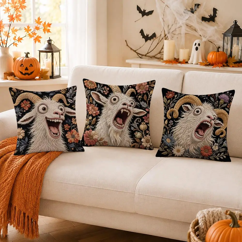 Spooky Goat Face 2D Flat Printed Pillow - Unique Non-Real Embroidery Home Decor Sofa Cushion Cover Home Decoration Cushion Cover