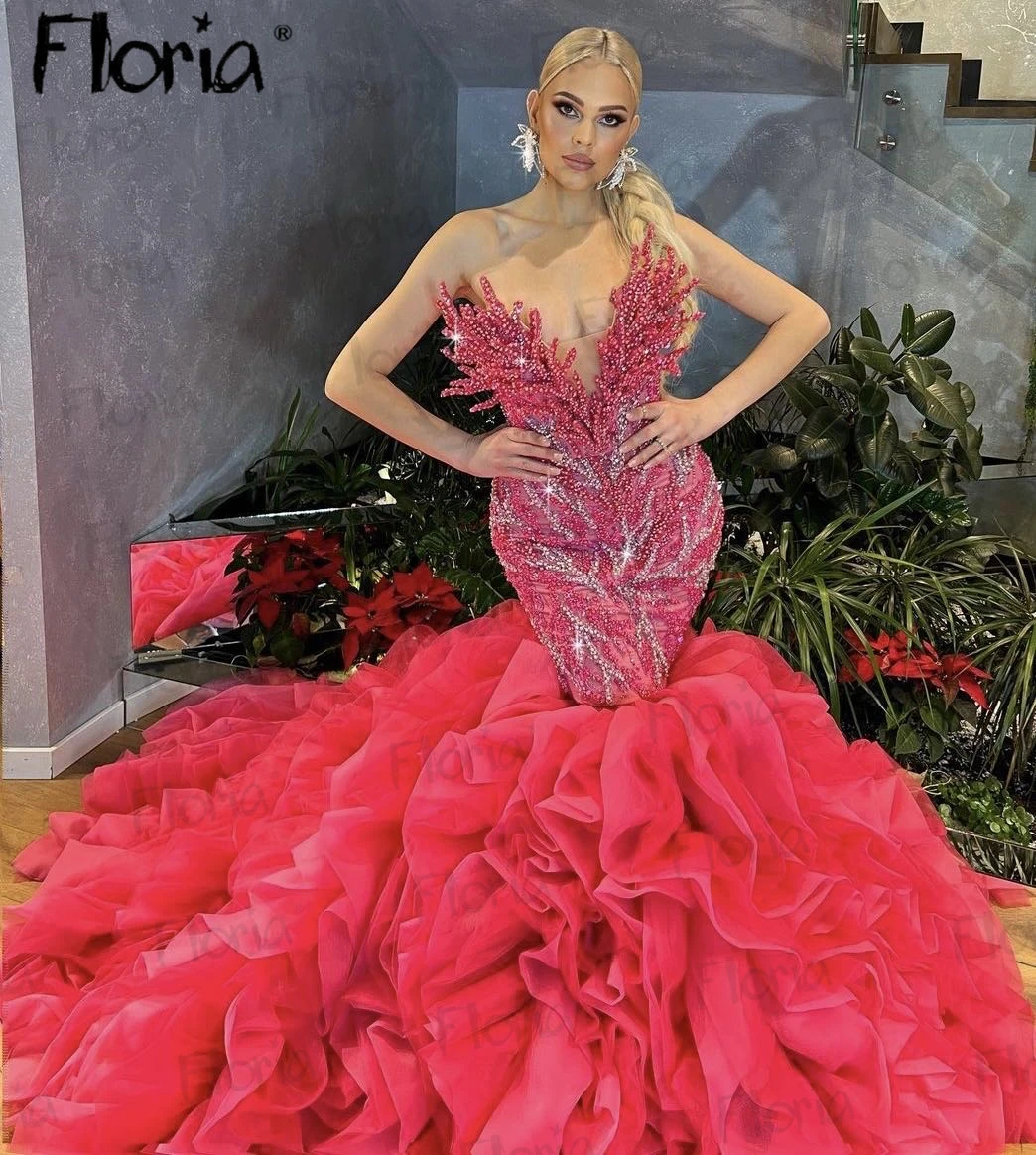 Luxury Hot Pink Mermaid Prom Dress Aso Ebi for Black Girls Birthday Party Dresses Ruffles Evening Gowns Duabi Wedding Event Gown