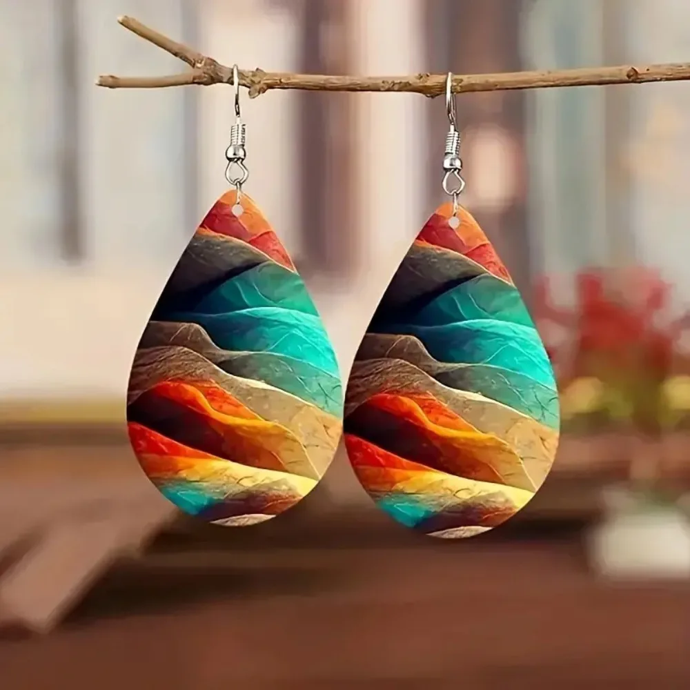 Exaggerated Plants and Trees Colorful Water Ripple Pattern Double-sided Wooden Earrings Bohemian Style Fashionable Earrings Gift