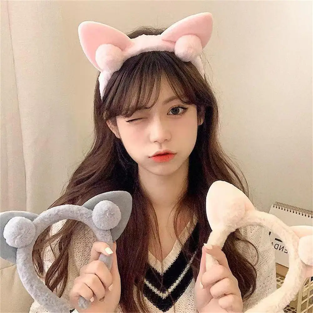 Cute Adorable Plush Headwear With Cat Ear  Makeup Headbands for Girls Elastic Wash Face Hairband Headband women Hair Accessories