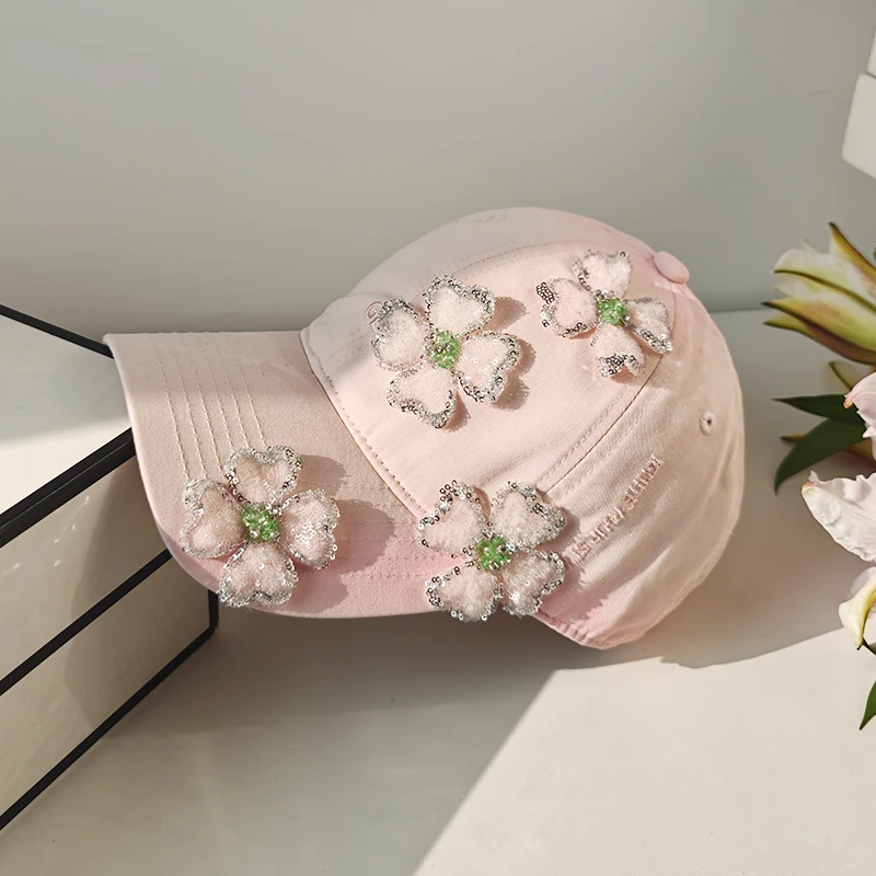 オリジナルグラデーションピンク薄型野球帽女性用大きいサイズレーススパンコール刺繍フラワーセレブリティ日よけダックビルハット