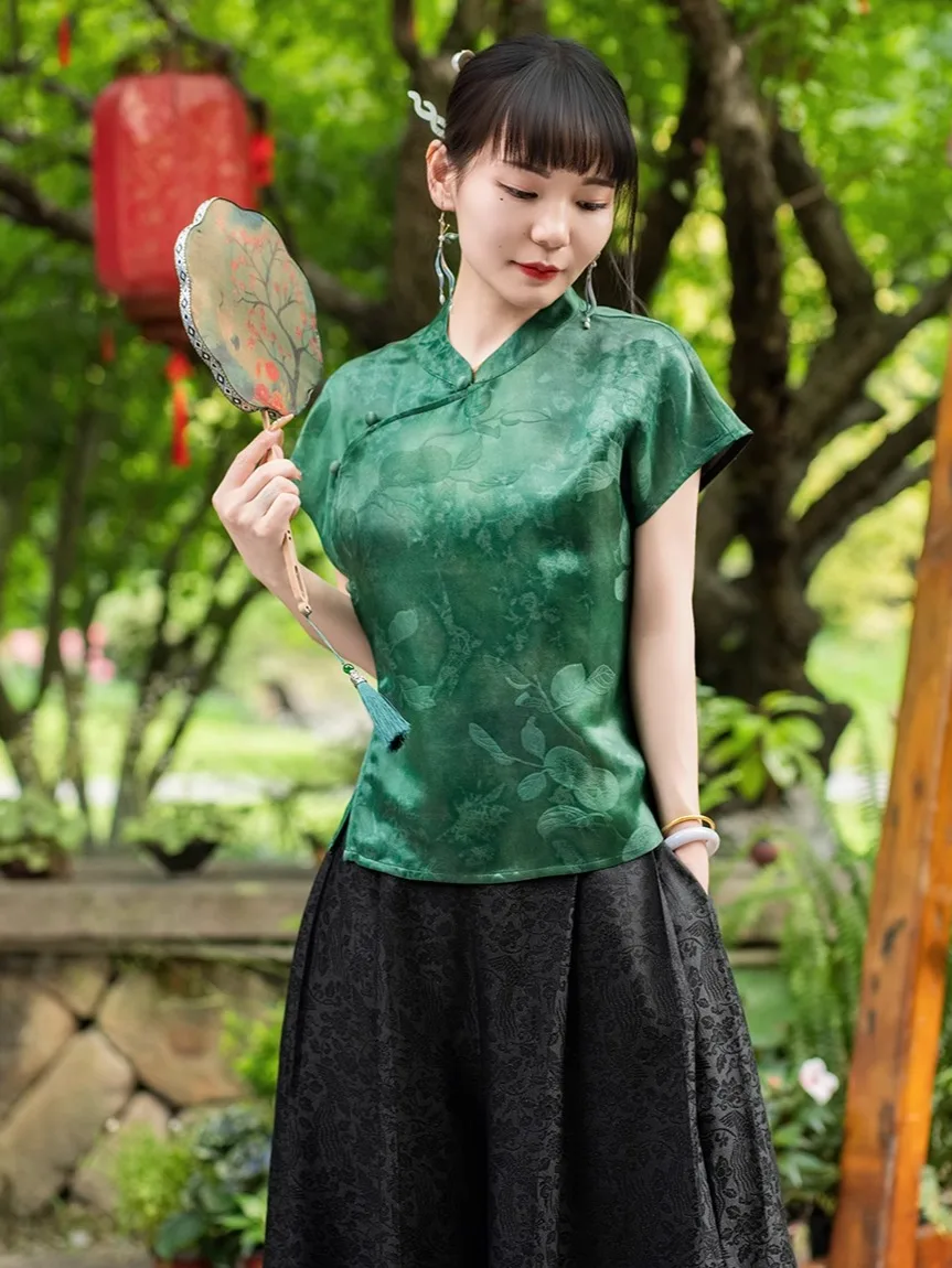 

Шелковая эластичная атласная женская блузка с коротким рукавом, новинка лета 2025, из плотного шелка, в китайском стиле, свободного кроя