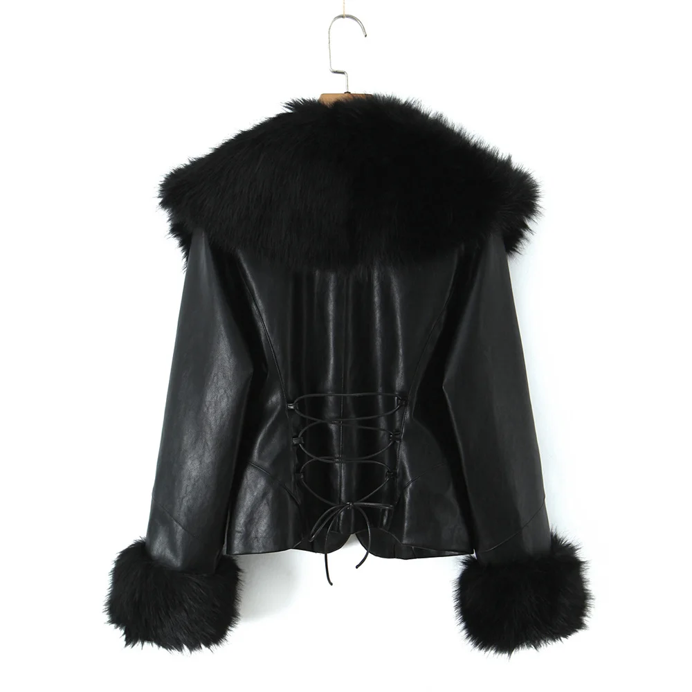 Outono e inverno novas roupas femininas moda temperamento grande gola de pele cintura cinched manga comprida jaqueta de couro