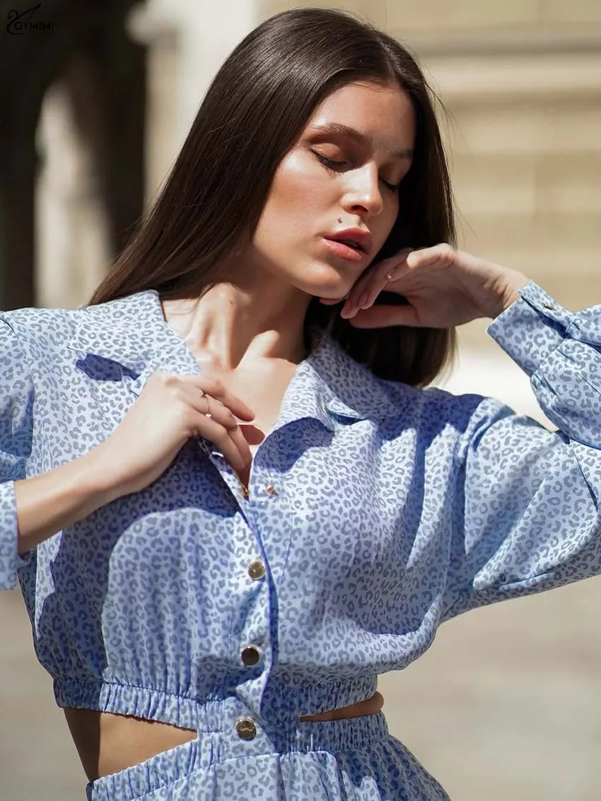 Oymimi Casual Grijs Blauw Print Jurken Voor Dames Mode Lange Mouw Buton Hollow Out Jurk Herfst Hoge Taille Geplooide Mini-jurk