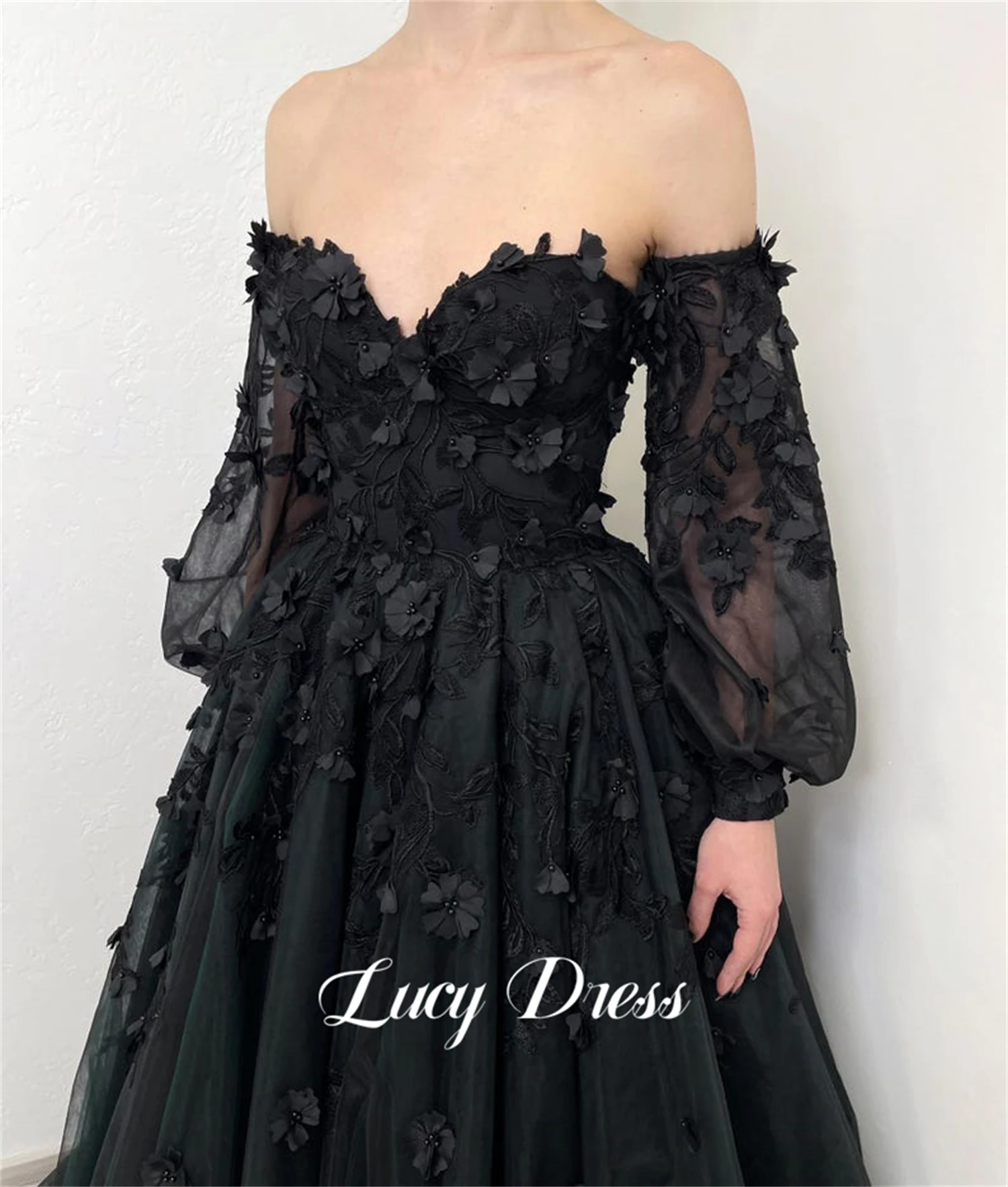 

Lucy Black Wedding Dress Long Sleeves 3D Flowers Formal Evening Dresses Women 2024 Robe De Soiree Femmes Party Gala Customized