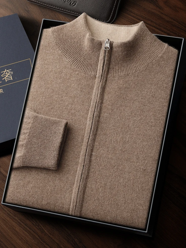 Business Men's Two-Sided Zipped Cardigan Mock Neck Thick 100% Cashmere Sweater Autumn Winter Warm Soft Casual Loose Clothing Top
