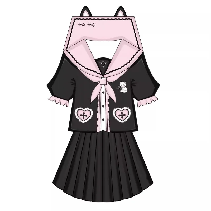 Japanese Pink Black Sailor Suit Cute Preppy Style Cartoon JK Uniform Sets 2024 Autumn And Winter Clothes Color Matching Outfits