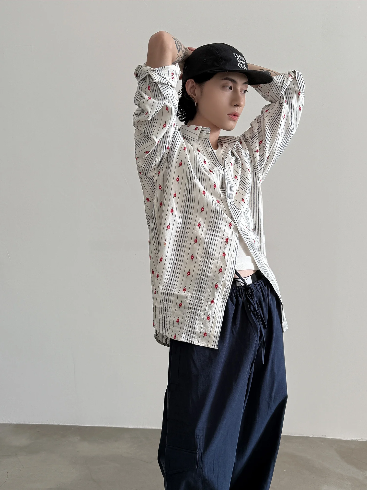 

Very Fewest Vintage American Classic Striped Floral Loose Long Sve irt Men Women Sle Drapey Spring Season Casual Wear