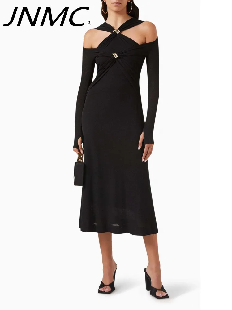 

JNMC 2024 Women's Plain Cross Design Cut Corset Mini Skirt Metal Contrast Thin Knit Off-the-shoulder Waist Elastic Pleat Dress