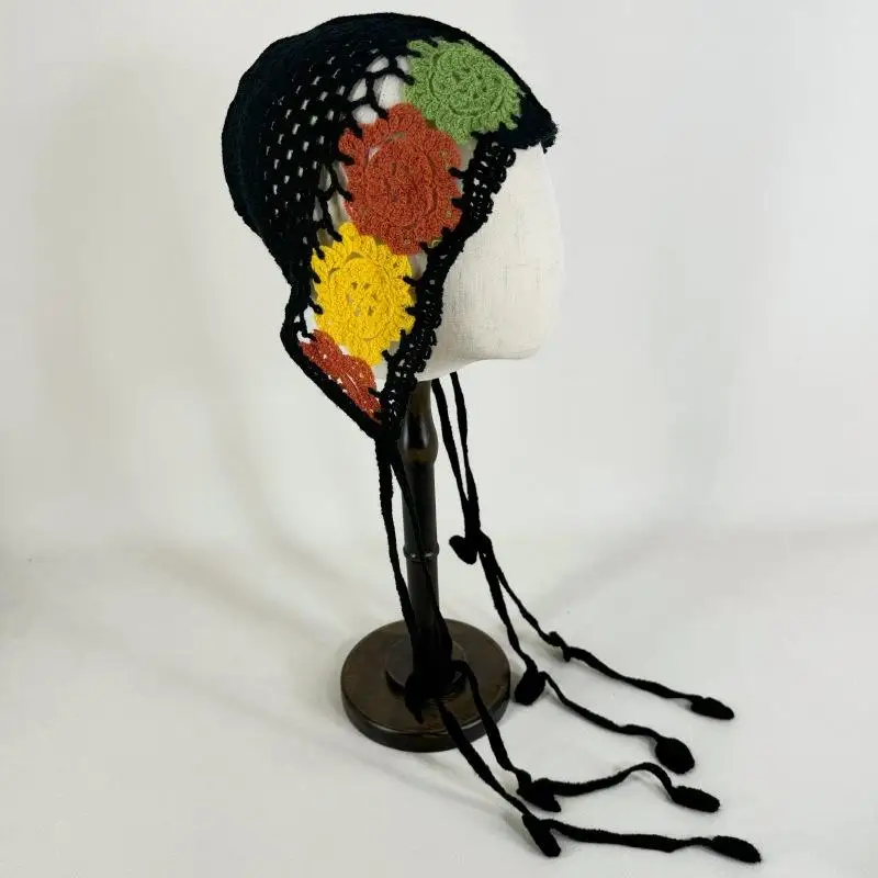 Hand Knitted Trendy Bohemian Cap for Women; Hollow Flower Design with Tassels; Ethnic Inspired Versatile Fashion Accessory