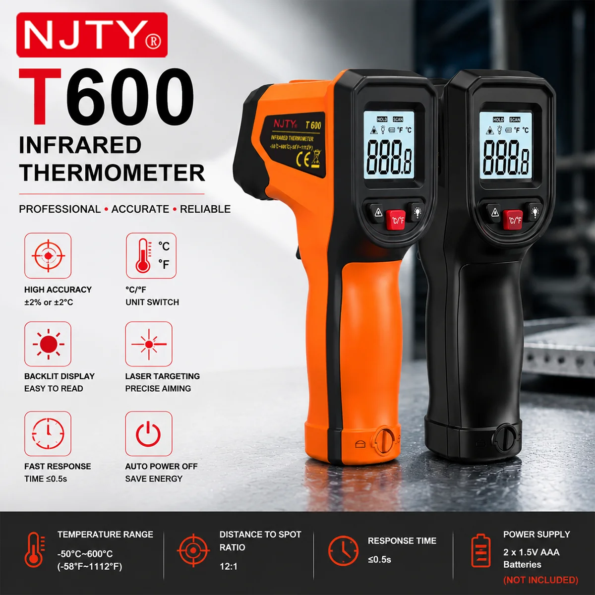 T600 T600A Digital Non-Contact Infrared Laser Thermometer Temperature Gun -50~600°C 12:1 D:S Backlit LCD Industrial HVAC Cooking